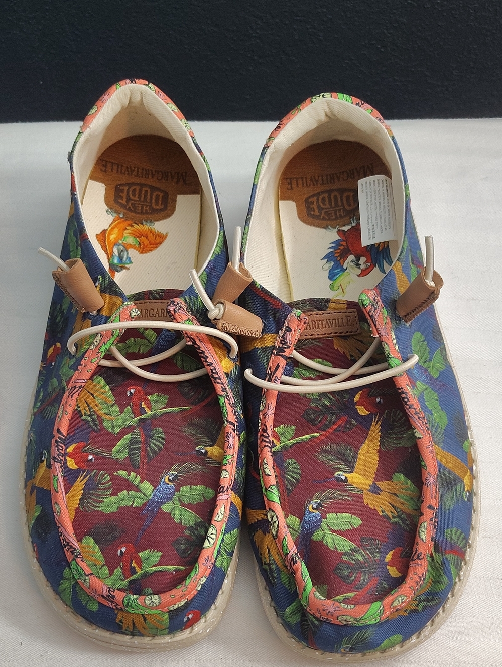 Hey Dude Margaritaville Artsy Whimsical Summer Festive Parrot Print Slip-Ons